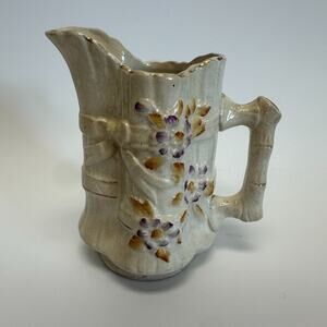 Antique 19th Century French Majolica Pitcher Jug Bamboo Hand Painted 6" READ!!